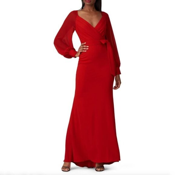 Badgley Mischka Deep Red V-Neck Faux Wrap Gown - Picture 1 of 9